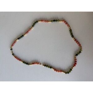 Green Jade Pink Rhodonite Beaded Necklace Gold Tone Spacer Accents